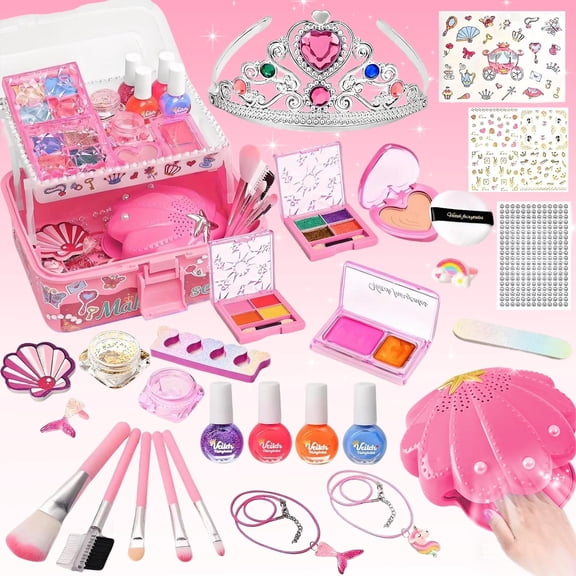 LINXUXIE Kid Makeup Kit for Girls, 2 in 1 Washable Makeup Set & Nail Art Kits with Nail Dryerwith, Princess Accessories,Birthday Gifts for 3-12 Years