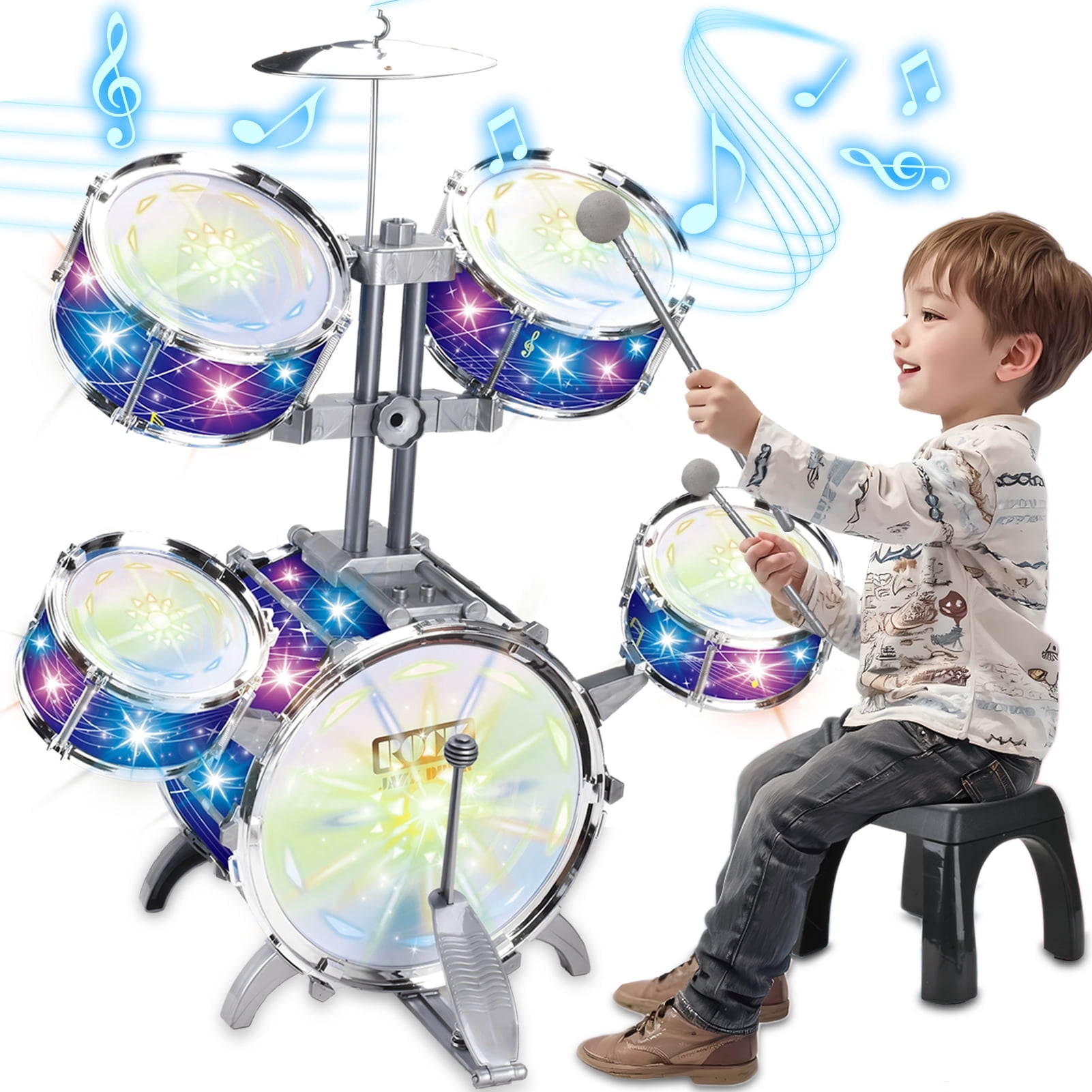 LINXUXIE Upgrade Big Size Kid Drum Set for Toddlers with 5 Jazz Drum Kit & Star Light Musical Instrument Toys,Boys Gils Gifts for Aged 1-3 3-5