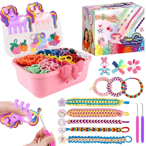 LINXUXIE Making Kit Arts and Crafts, DIY  Weaving Loom Bands Toys with 1000+ Elastic Cloth Rubber Band Fabric Loops, Birthday Gifts for Kids Grils 6-13 Years Old