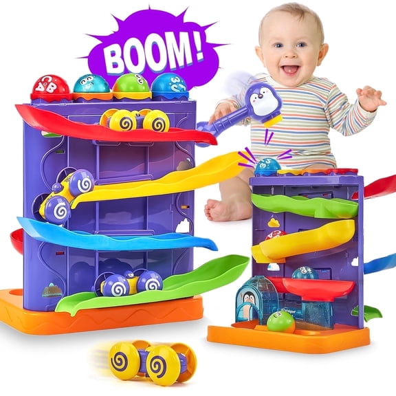 LINXUXIE Pound Ball Toys & Car Ramp Race Track, Little Car Learning Set, Montessori Birthday Gift for 1-3 3-5 5-8 Year Old