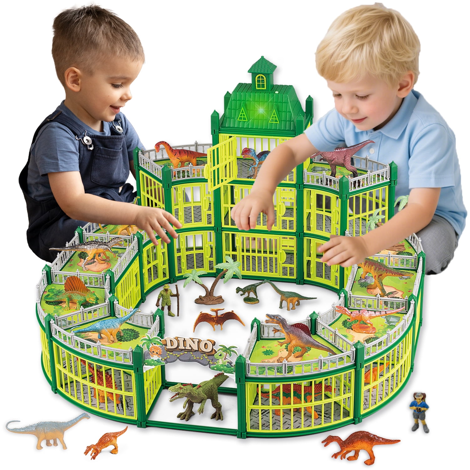 LINXUXIE 332PCS Dinosaur House Play Set with LED Light & Sound, Dinosaur Theme Park with 18 Realistic Dinos & Large Battle Cage, Dinosaur Toy for 1-3 3-5 5-8 Year Old