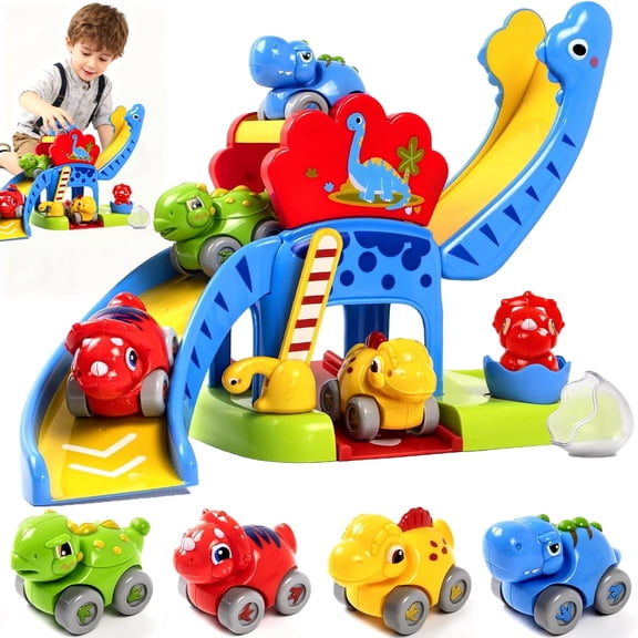 LINXUXIE Toddler Play Vehicle Set, Educational Dinosaur Slide with 4 Mini Push Cars, Birthday Gifts for 1-3 3-5 5-8 Year Old