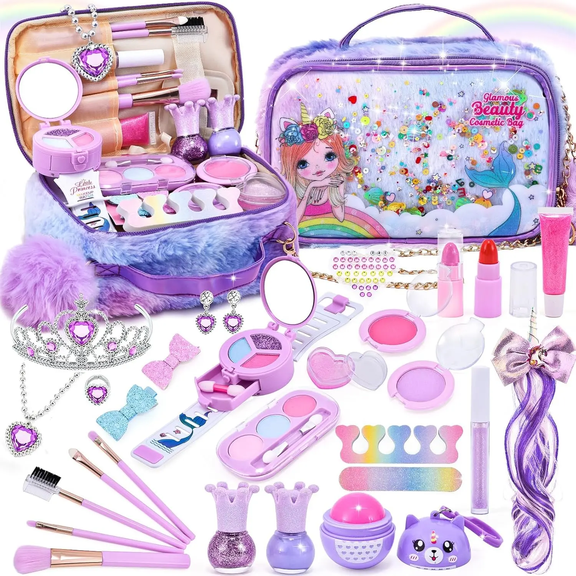 LINXUXIE Unicorn Kids Makeup Set, Real Washable Makeup Kit with Braided Hair Accessories, Birthday Gifts for Kids 3-5 5-8 8-12 Year Old
