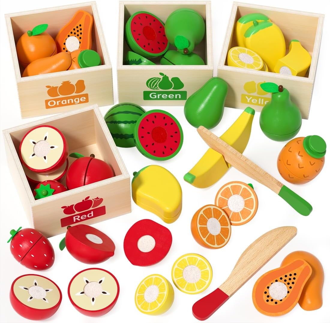 LINXUXIE Wooden Play Food Set, Kids Kitchen Toys, Pretend Toys with Fruits, Birthday Gifts for 1-3 3-5 5-8 Year Old