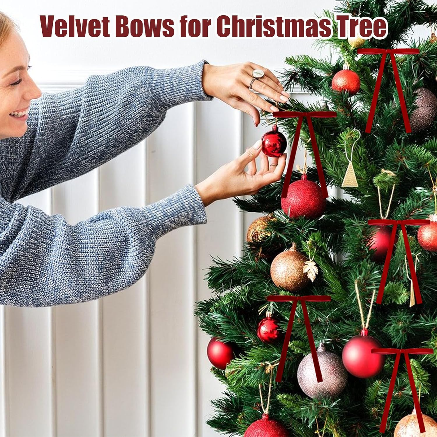 LINYAN-24 Pcs Red Velvet Bows for Christmas Tree, Bow Ornaments for ...