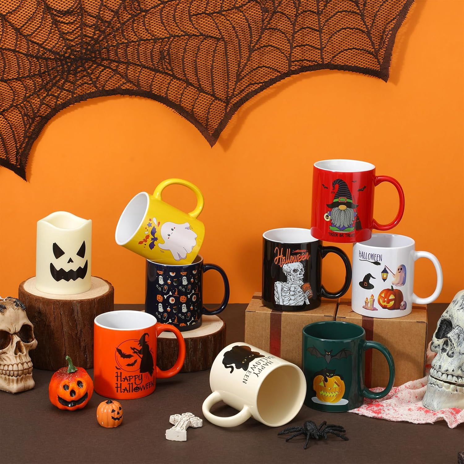 LINYAN-8 Pcs Halloween Coffee Mugs Bulk 12 oz Coffee Mugs Set with ...