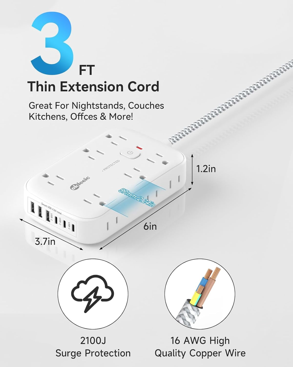 LINYAN-Flat Multi Plug Extender with 6 USB Wall Charger(3 USB C), 12 AC ...