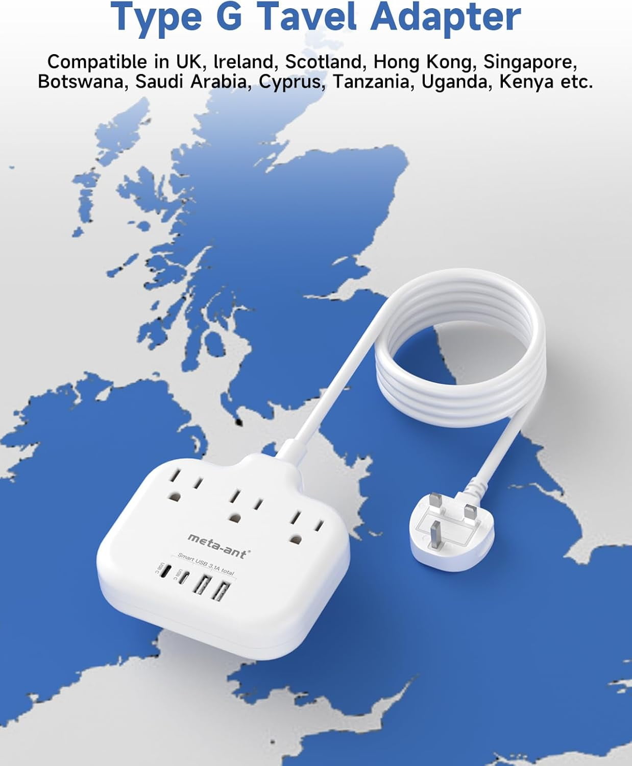 LINYAN-Type G Adapter for Travel, US to UK Travel Adapter with 3ft ...