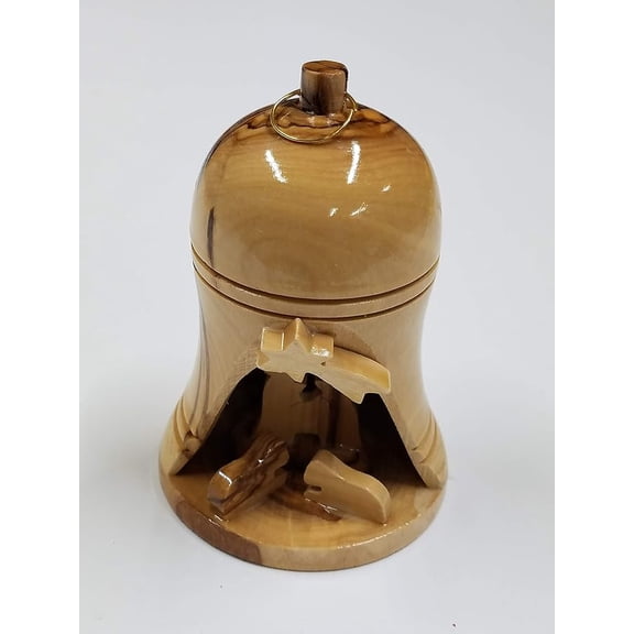 LION OF JUDAH MARKET Olive Wood Christmas Bell Ornament with Nativity Scene - Large - Made in Bethlehem