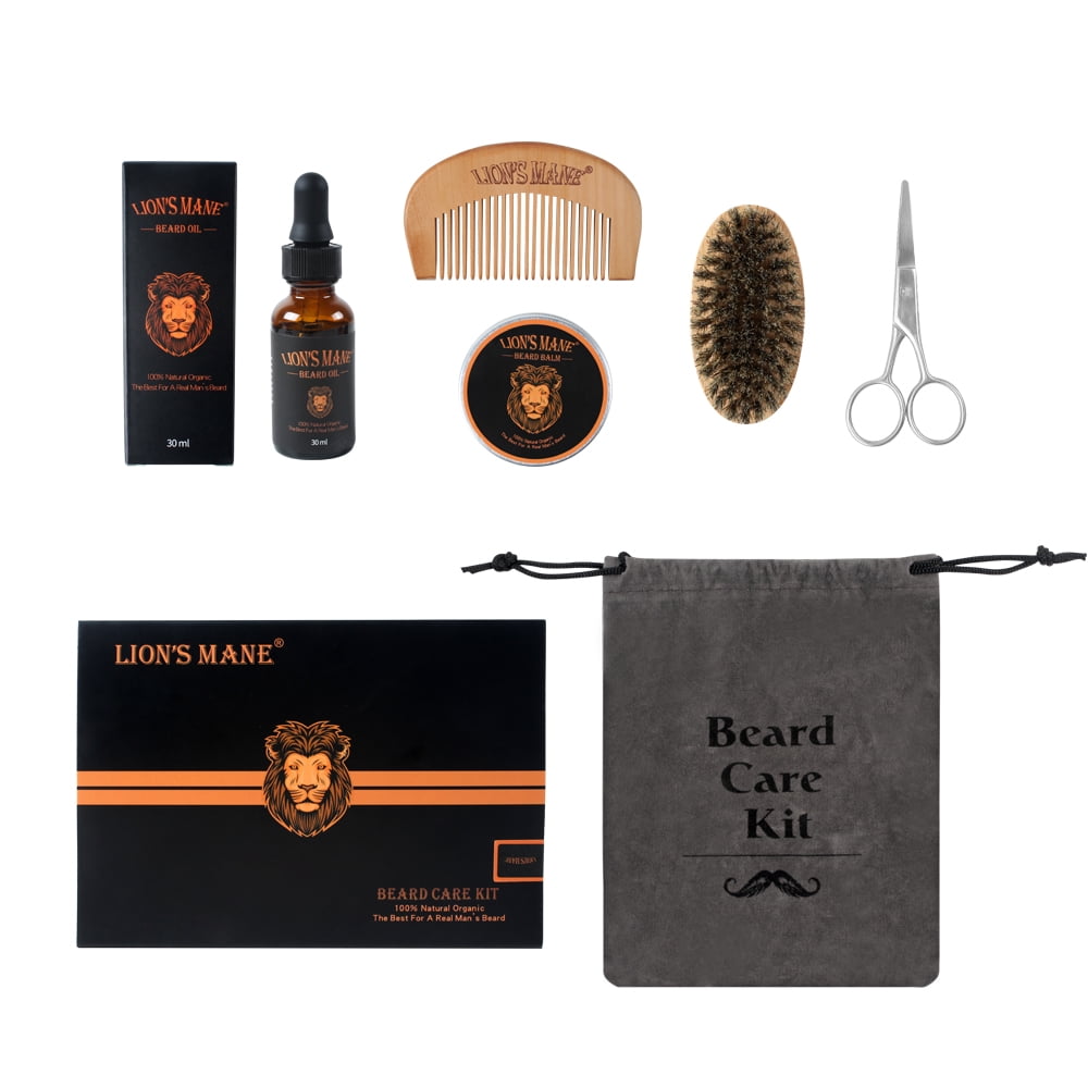 LION'S MANE Beard Grooming Kit for Men - 100% Organic Unscented Beard Oil, Beard Balm Butter Wax, Beard Brush, Beard Comb, Beard Scissors (2 boxes)