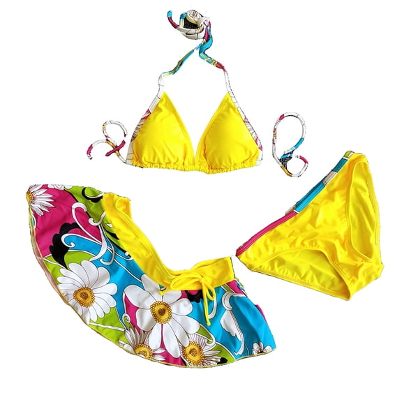 LIORA Little and Big Girls Flower Print Bikini Swimsuit Skirtini, Yellow