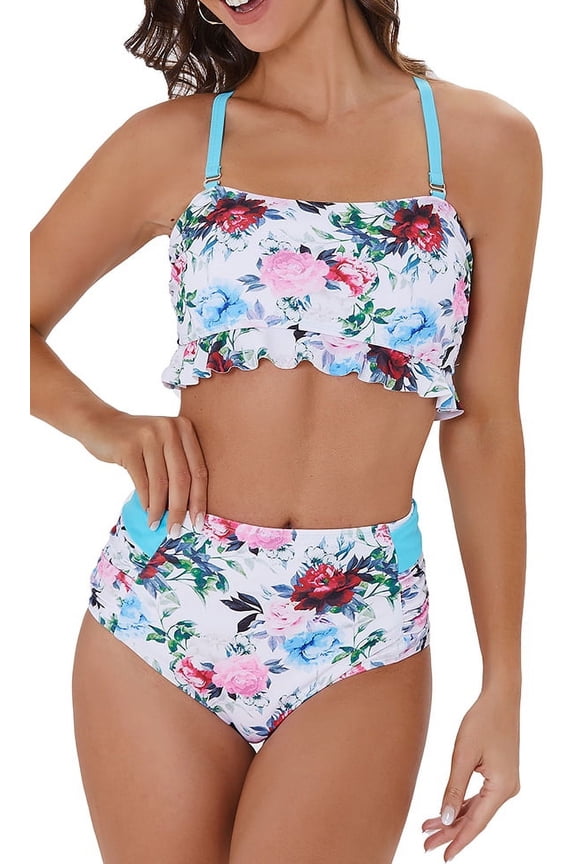 Women’s Bikini Sets Ruffle Flounce Bandeau High Waisted Bikinis for Women with Back Criss Cross Bathing Suits for Women