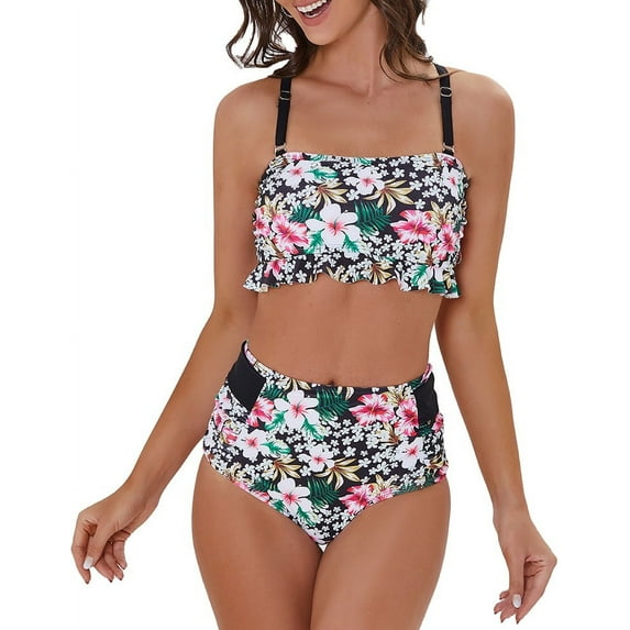 LIORA Women’s Bikini Sets Ruffle Flounce Bandeau High Waisted Bikinis for Women with Back Criss Cross Bathing Suits for Women