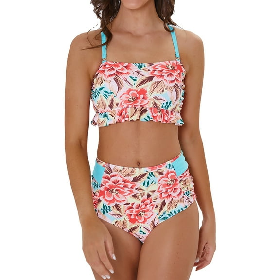 LIORA Women’s Bikini Sets Ruffle Flounce Bandeau High Waisted Bikinis for Women with Back Criss Cross Bathing Suits for Women