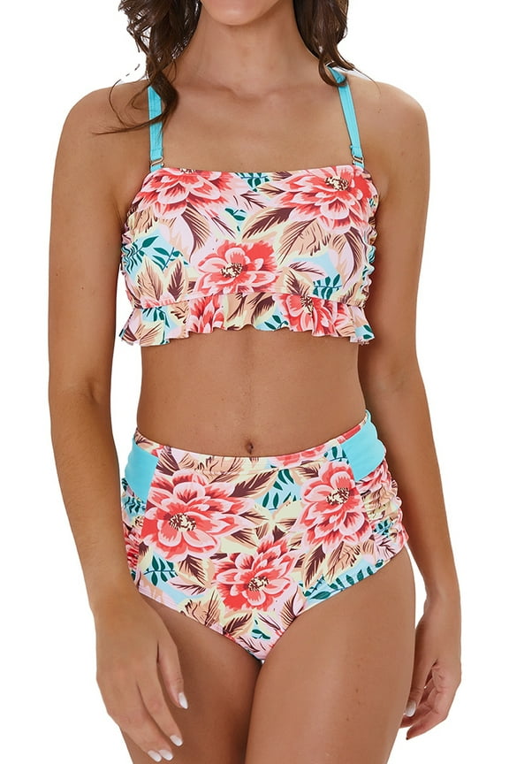 Women’s Bikini Sets Ruffle Flounce Bandeau High Waisted Bikinis for Women with Back Criss Cross Bathing Suits for Women