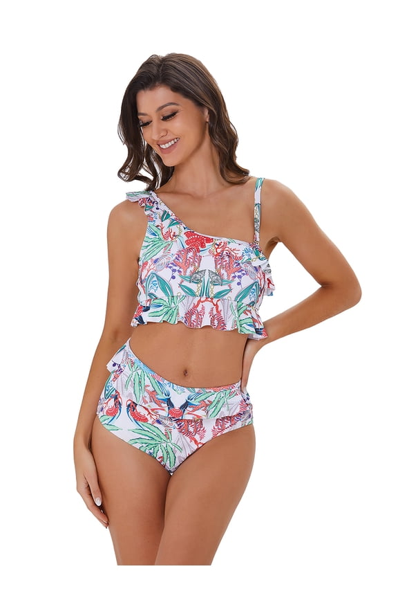 Women’s Bikini Sets Ruffle Flounce Bikinis for Women One Shoulder High Waisted Bathing Suits for Women