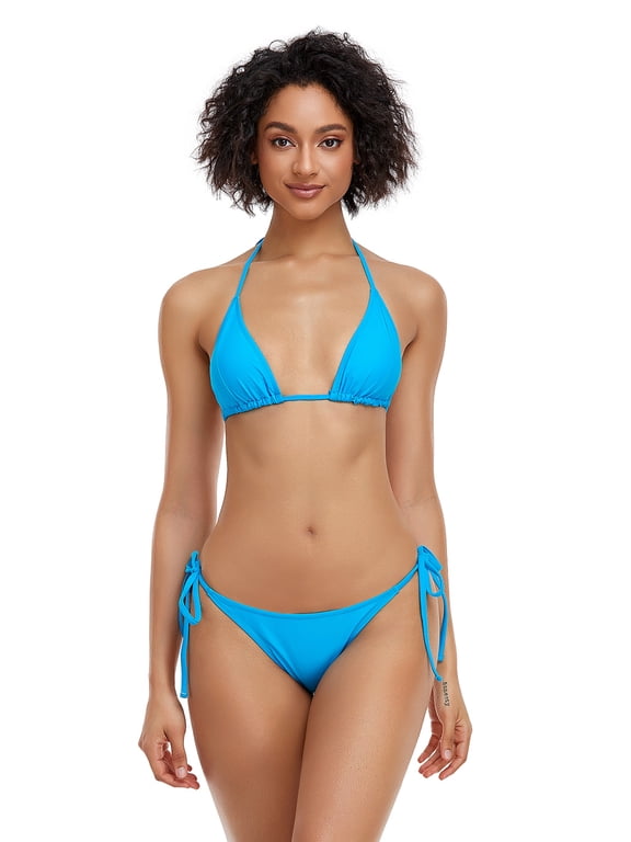 Women's Bikini Swimsuit Triangle Top Side Tie Bottom Bikini Swimwear, Light Blue