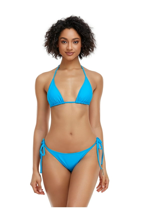 Women's Bikini Swimsuit Triangle Top Side Tie Bottom Bikini Swimwear, Light Blue