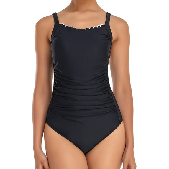 LIORA Women’s One Piece Swimsuits - Athletic Training Swimwear, Retro Scalloped Ruched Tummy Control Bathing Suits for Women