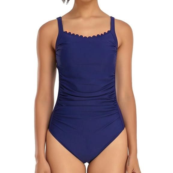 LIORA Women’s One Piece Swimsuits - Athletic Training Swimwear, Retro Scalloped Ruched Tummy Control Bathing Suits for Women