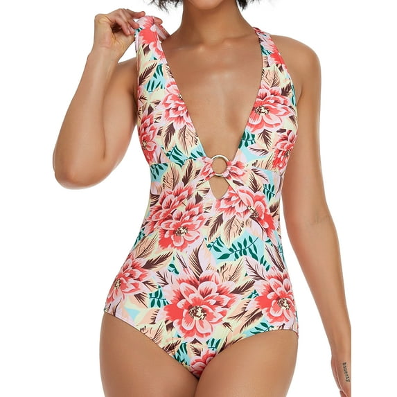 LIORA Women’s One Piece Swimsuits Floral Print Bathing Suits for Women Deep V Neck with Front and Back Ring