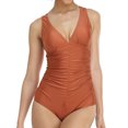 thumbnail image 1 of LIORA Women’s One Piece Swimsuits V Neck Swimwear Ruched Tummy Control Bathing Suit US Small, Khaki, 1 of 6