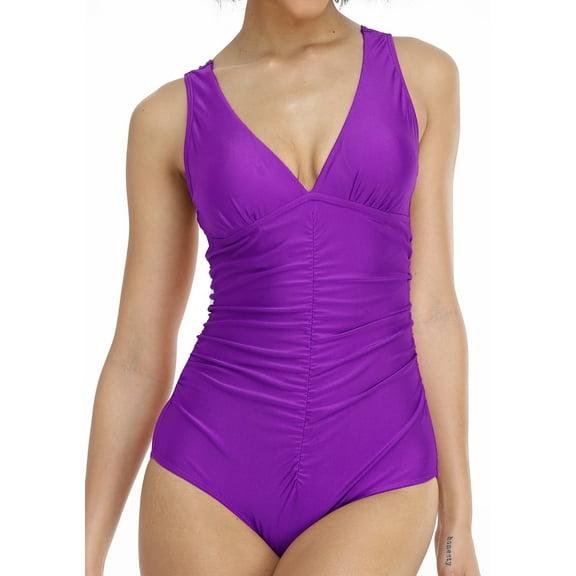 LIORA Women’s One Piece Swimsuits V Neck Swimwear Ruched Tummy Control Bathing Suit US Small, Purple