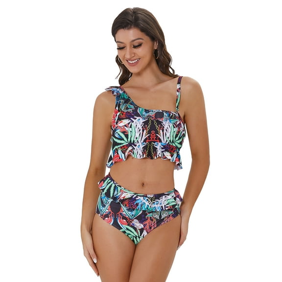 LIORA Women’s Ruffle Flounce One Shoulder High Waisted Bikini Sets
