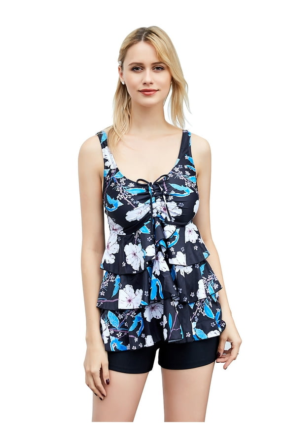 Women's Two Piece Tankini Swimsuit with Shorts Floral Halter Top Bathing Suit Tummy Control Swimwear