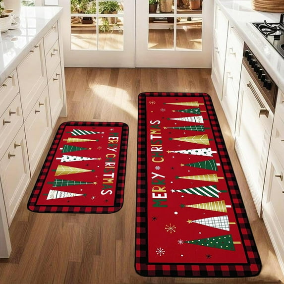 LIORAGLJ 16x24in+16x48in Christmas Kitchen Rugs and Mats Set with Non-Slip Rubber Backing, Absorbent Polyester Floor Mat for Holiday Decor, Kitchen, Dining Room, Entryway, Laundry Room, Office Use