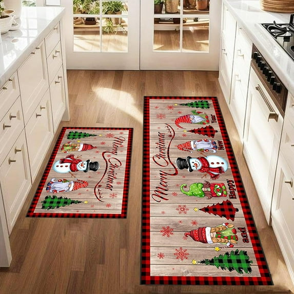 LIORAGLJ 16x24in+16x48in Christmas Kitchen Rugs and Mats Set with Non-Slip Rubber Backing, Absorbent Polyester Floor Mat for Holiday Decor, Kitchen, Dining Room, Entryway, Laundry Room, Office Use