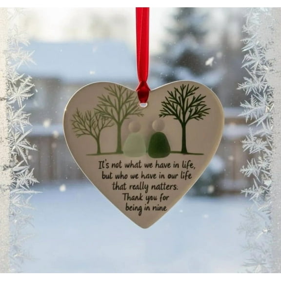 LIORAGLJ 3.15in Sea Glass Heart Ornament, Ceramic Material with Red Satin Ribbon, Gift Keepsake