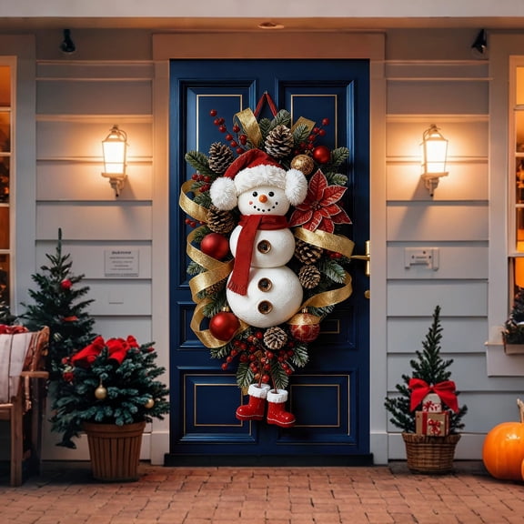 LIORAGLJ 35.4x70.9in Christmas Door Cover Snowman Pattern Door Hanging Wall Decoration