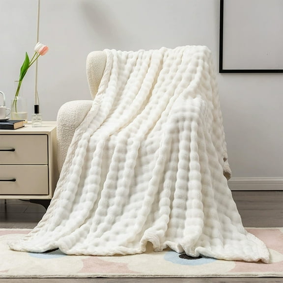 LIORAGLJ 39.37x27.55 Inch Fleece Throw Blanket with Striped Design for Couch Home Decor Soft Warm Giftable for All Seasons (White)