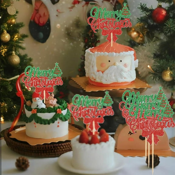 LIORAGLJ 5.7x5.1in Christmas Party Gold Glitter Paper Cake with Big Flag Party Decoration Accessories 3-Pack Food Topper