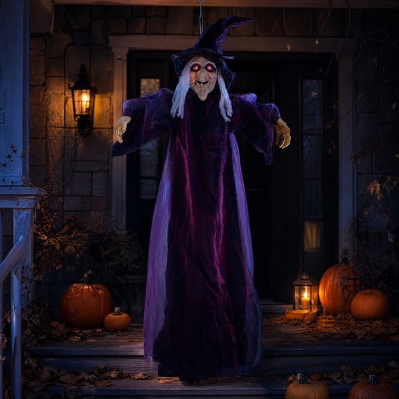 LIORAGLJ 6FT Touch Activated Hanging Halloween Witch Prop,Glowing Red Eyes, Indoor Outdoor Scary Decor