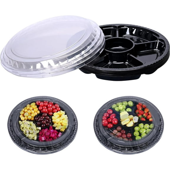 LIOUCBD 10 Pcs Plastic Appetizer Serving Tray with Lid Round 12.5 Inch with Lid Disposable Serving Fruit Veggie Catering Tray with 6 Divided Compartment for Fruit Snack Veggie Party