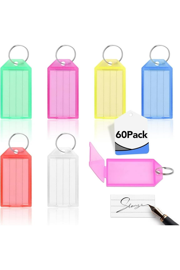 60 Piece Keychain with Writable Labels 6 Colors,Set Keychain Labelable with Lid and Loops,Key Labeling for Labeling Keytags DIY