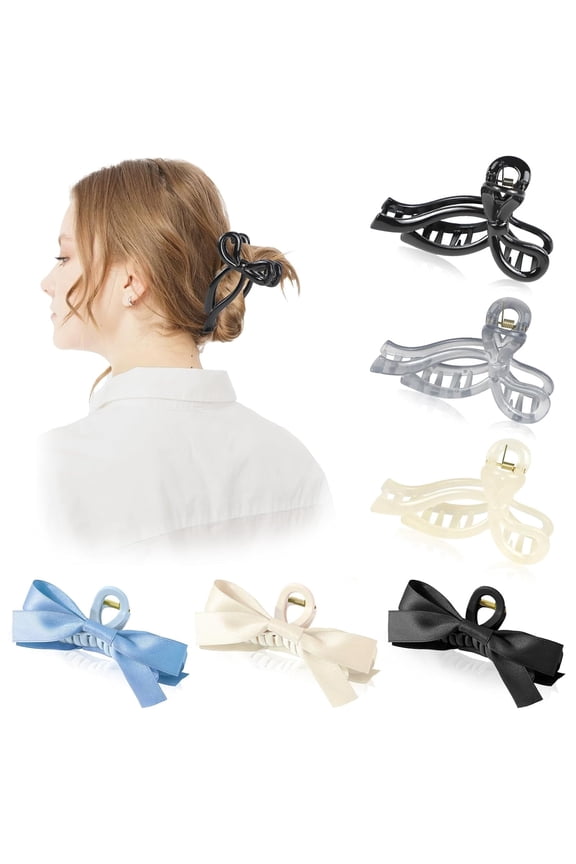 6pcs Bow Hair Claw Clips for Women, Cute Claw Clips for Thin Hair, Large Hair Clips for Thick Hair, Ribbon Non-Slip Bow Hair Clips Hair Styling Accessories Gifts for Girls