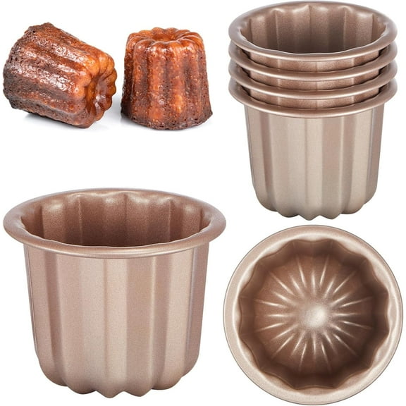 LIOUCBD 6pcs Canele Mold Cake Pan Non Stick small Copper Color Canele Molds Muffin Bakeware Cupcake Pan 2.9 Inch Carbon Steel Pastry Mould Mini Cupcake Holders DIY Cake Muffin Oven Baking Tool