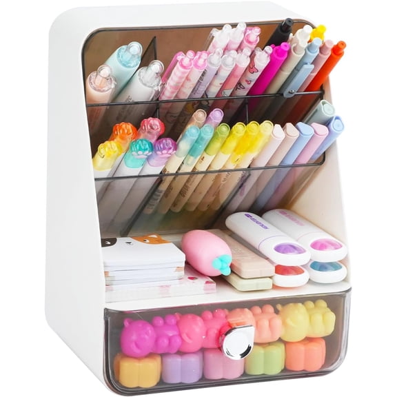 LIOUCBD Desktop Multi-Layer Organizer Box with Drawer, Office Desk Storage Caddy, Cute Plastic Table Organizer for Pens & Small Supplies