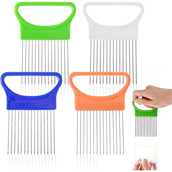 LIOUCBD Onion Slicer Holder 4 Pcs Stainless Steel Onion Cutter Meat Tenderizer Tool Food Choppers Vegetable Mincers Kitchen Assistant Gadgets Reusable Slicer Comb for Fruit (4.13 3 0.35Inch)