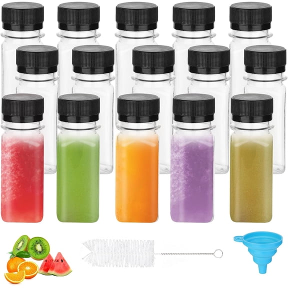 LIOUCBD Pack of 15 Small Bottles for Filling 60 ml Ginger Shot Bottles for Filling Plastic Bottles Juice Bottles Mini Empty Smoothie Bottles Transparent with Funnel Brush for Ginger Juicer