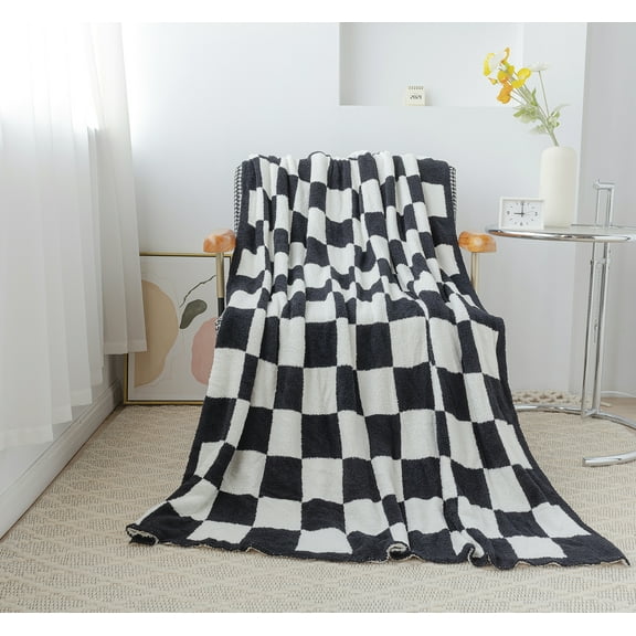 LIPOR Black Microfiber Checkerboard Grid Knitted Throw Blanket Ultra Soft Breathable Lightweight Blanket 51"x63"