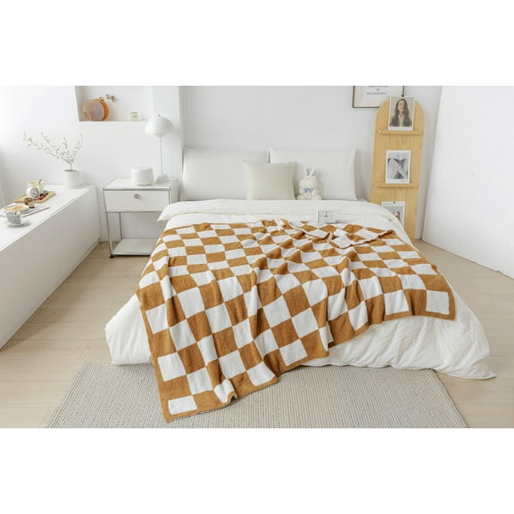 LIPOR Brown Microfiber Checkerboard Grid Knitted Throw Blanket Ultra Soft Breathable Lightweight Blanket 51"x63"