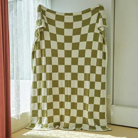 LIPOR Matcha Microfiber Checkerboard Grid Knitted Throw Blanket Ultra Soft Breathable Lightweight Blanket 51"x63"