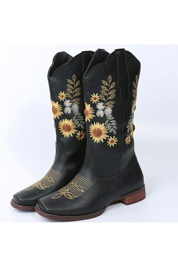 Women’s Cowboy Boots Mid Calf, Low Heel Square Toe Black, 5