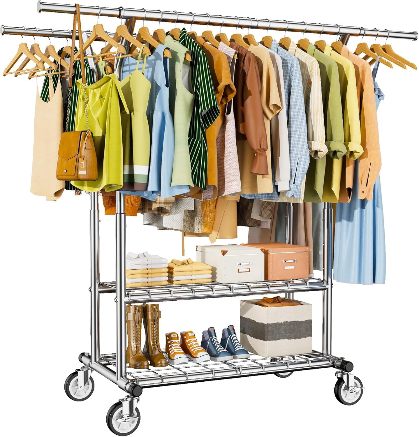 LIQI Heavy Duty Clothes Rack, Rolling Clothing Rack With Shelves Load ...