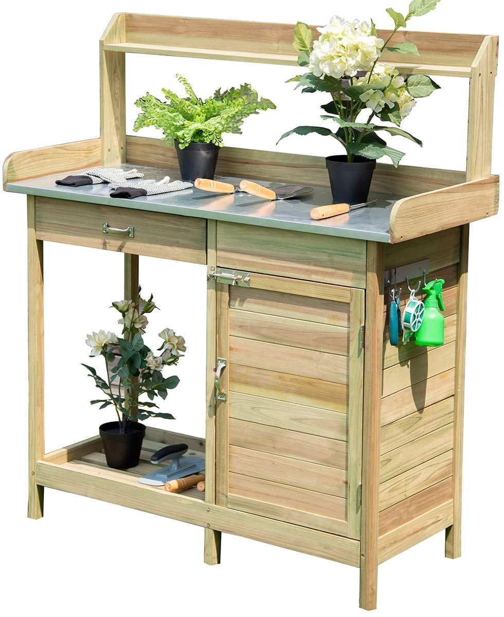 LIQI Potting Bench Table for Outside Natural Wood Garden Plant Lawn ...