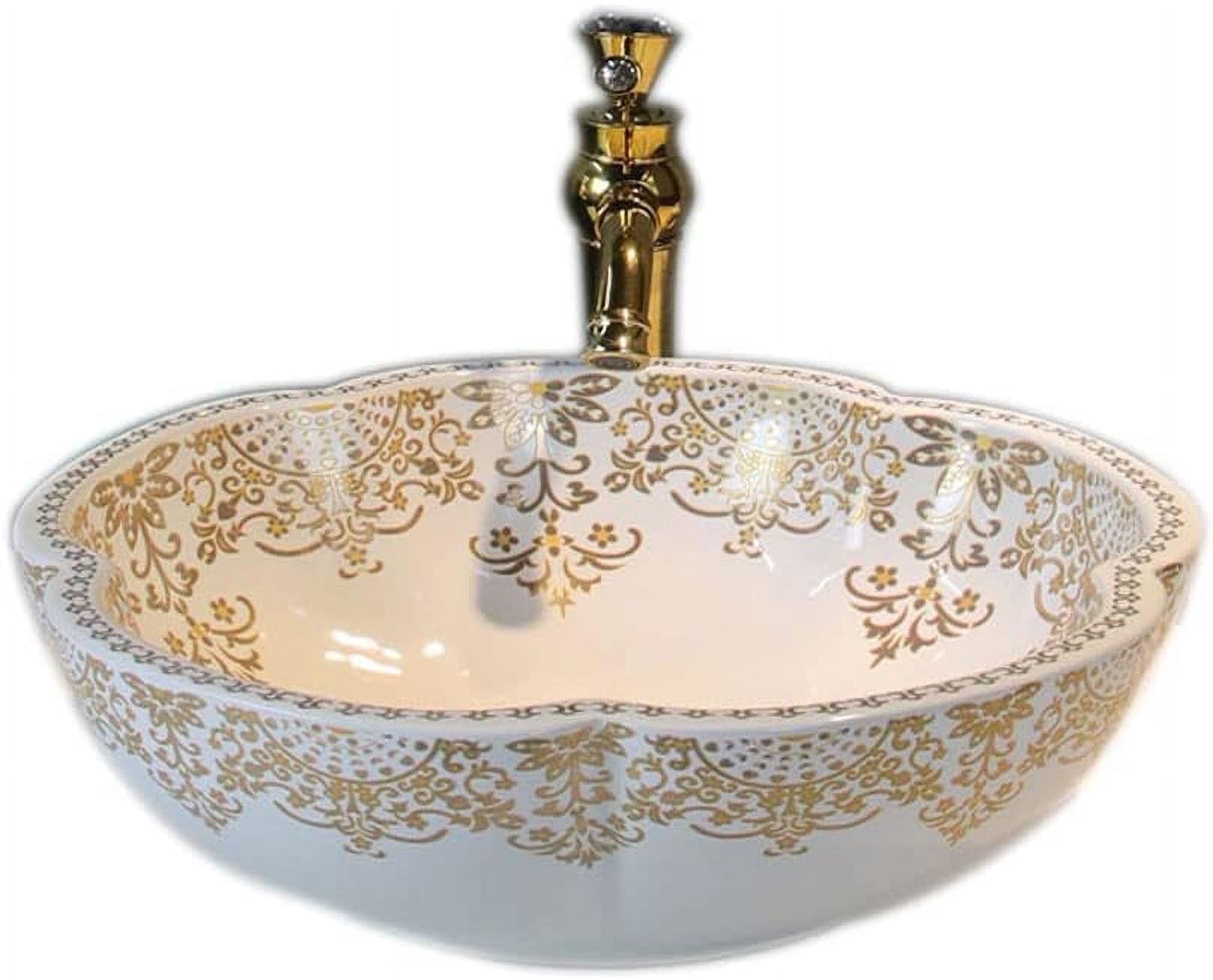 LIQIAONAN Ceramic Vessel Sink Flower Shape For Bathroom White Porcelain Vessel Sinks Golden Pattern Bowl Sinks Above Counter Vanity Top